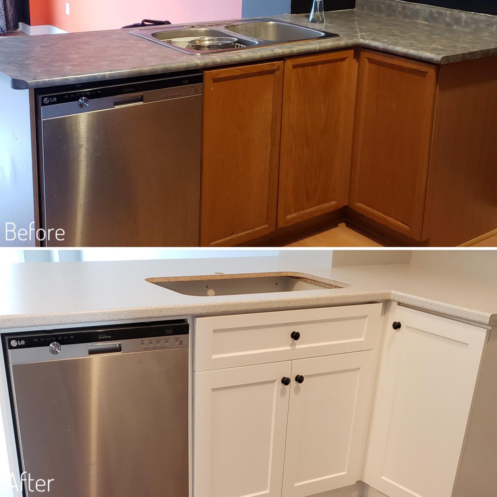 Transitional u-shaped open concept kitchen photo with an undermount sink, shaker cabinets, white cabinets, laminate countertops and gray backsplash