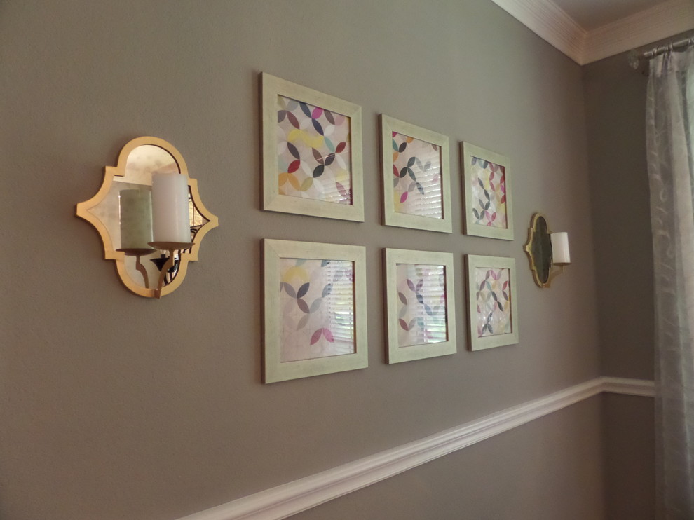 Large transitional medium tone wood floor great room photo in Dallas with gray walls
