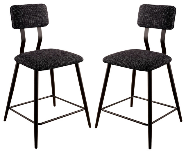 Fabric Counter Height Chairs With Angled Metal Legs, Set Of 2, Black