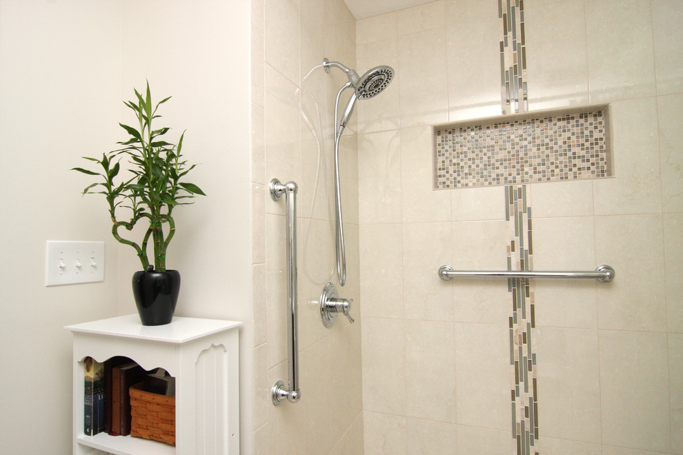 Mid-sized transitional 3/4 beige tile and porcelain tile porcelain tile home design photo with an integrated sink, furniture-like cabinets, dark wood cabinets, solid surface countertops, a two-piece toilet and white walls