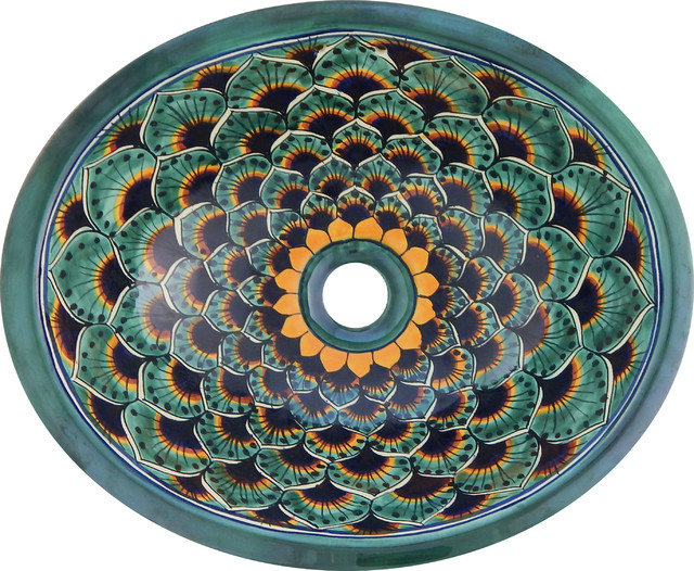 Mexican Talavera Ceramic Hand Painted Bathroom Oval Sink Green Peacock