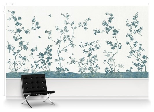 Chanteur White - Chanteur White is a modern chinoiserie with monochromatic details on a white background. This mural repeats after 16 panels. Each panel is 30" wide by 100" tall. Design height is 80". Printed on MuralPro wallpaper. Price is per panel.