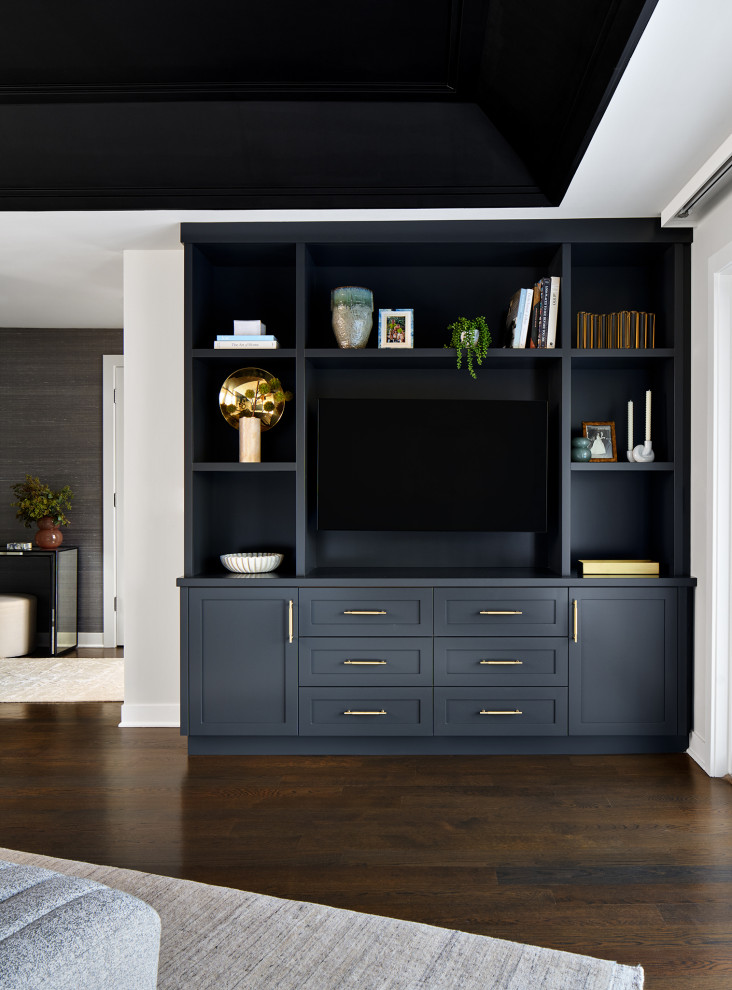 Example of a large transitional master dark wood floor, brown floor and tray ceiling bedroom design in Chicago with beige walls