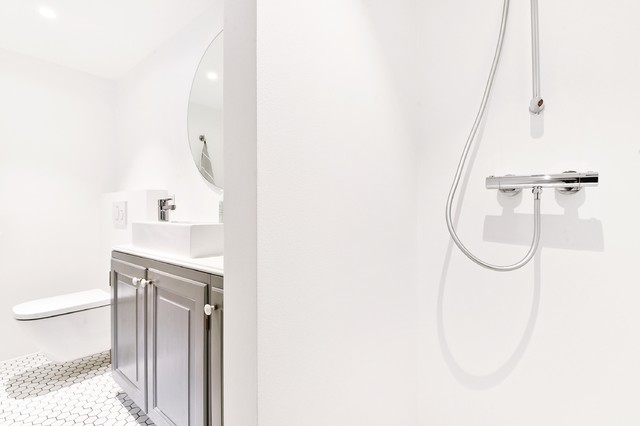 Boh&eacute;me lejlighed modern-powder-room