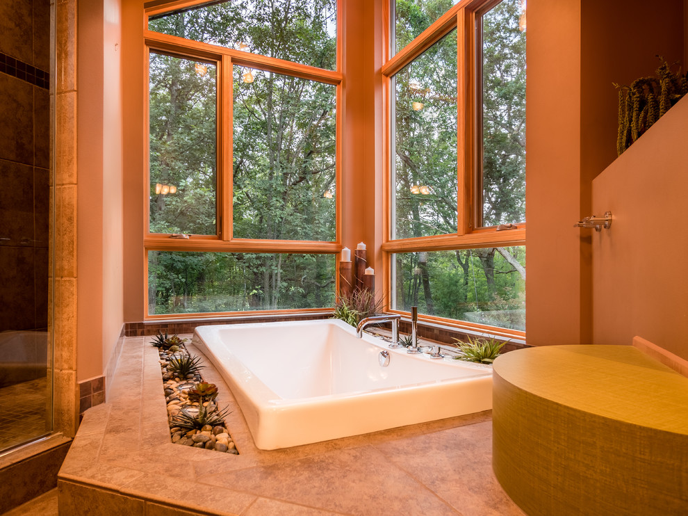 Photo of a large contemporary master bathroom in Other with an alcove tub, a corner shower, multi-coloured tile, mosaic tile, multi-coloured walls, light hardwood floors, brown floor and a hinged shower door.