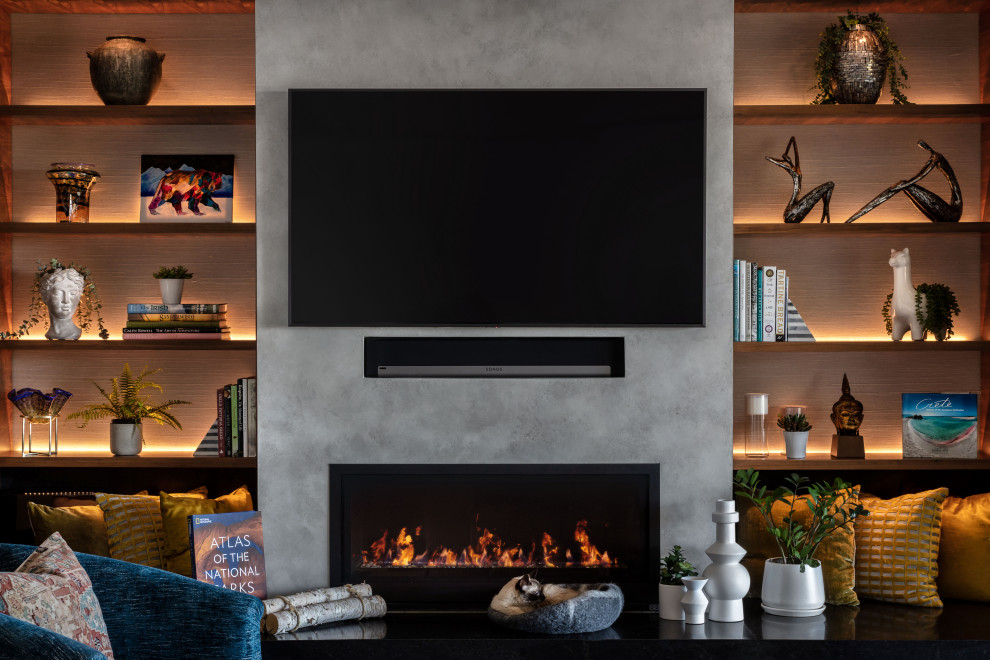 Photo of a medium sized modern living room in Austin with a ribbon fireplace and a concrete fireplace surround.