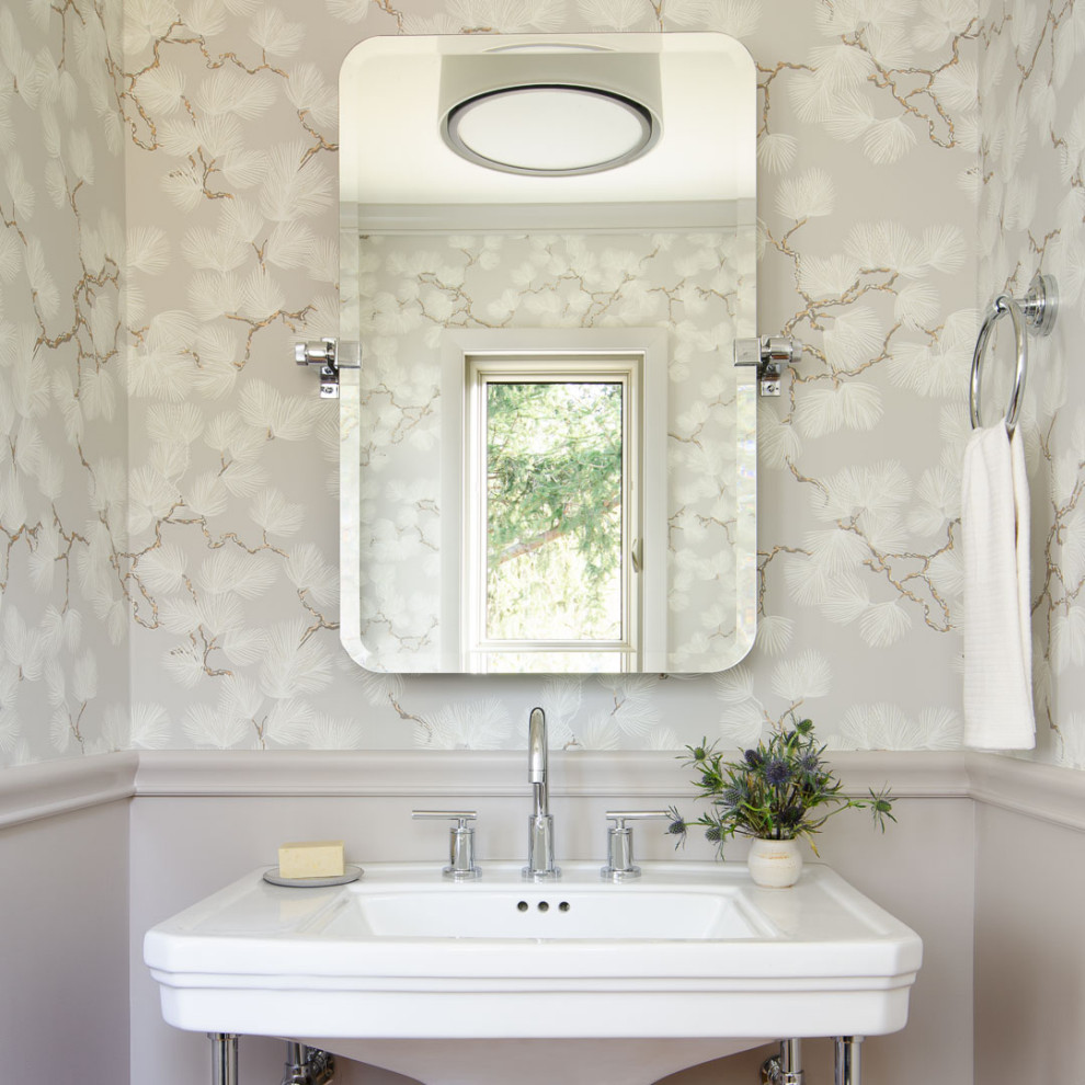 Farmhouse cloakroom in Cleveland with a freestanding vanity unit, wallpapered walls, grey walls and a console sink.
