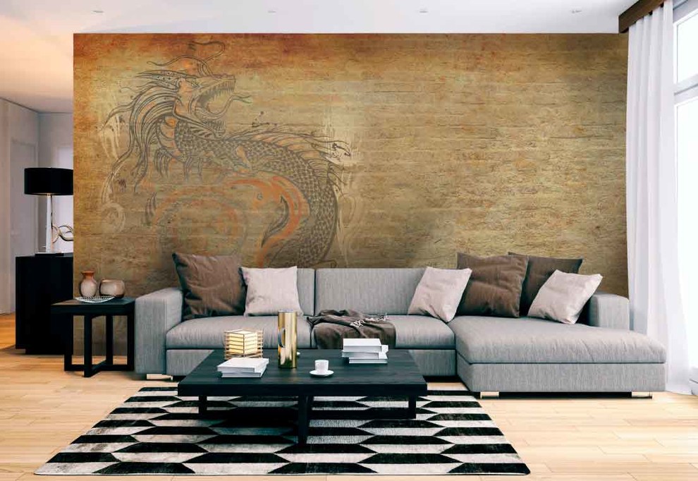 Mittelgroßes Modernes Wohnzimmer mit bunten Wänden in München