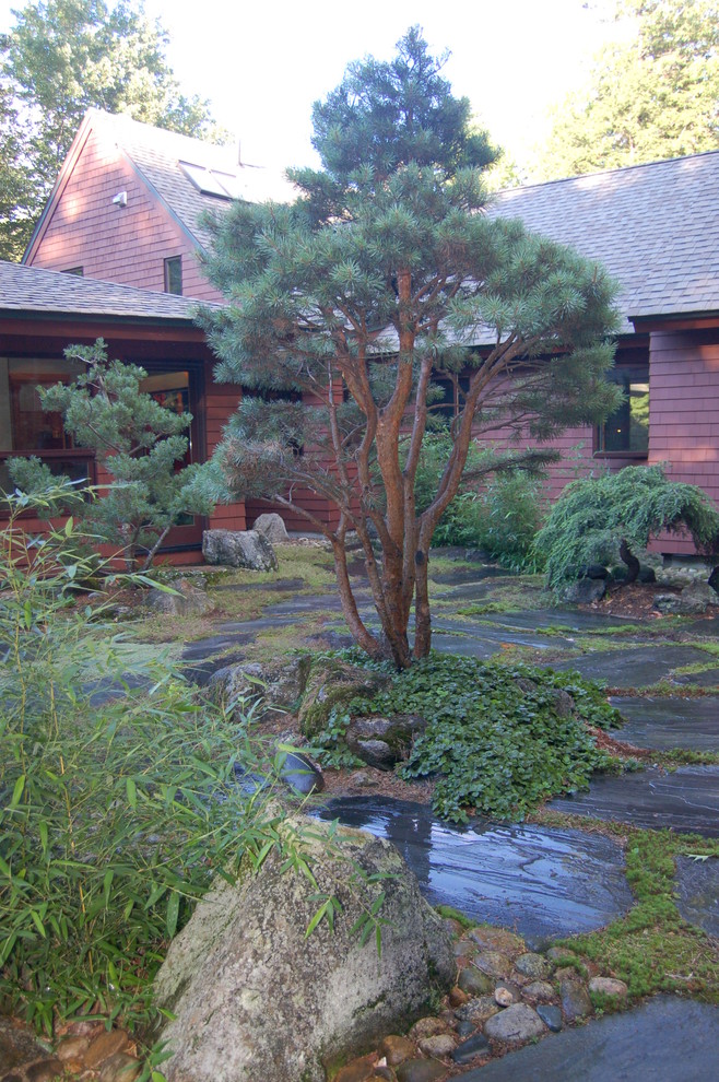 Photo of a mid-sized asian courtyard garden in Manchester with natural stone pavers.