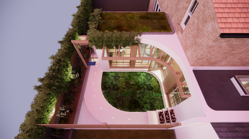 Idéer för ett mellanstort nordiskt vitt lägenhet, med allt i ett plan, blandad fasad, platt tak och levande tak