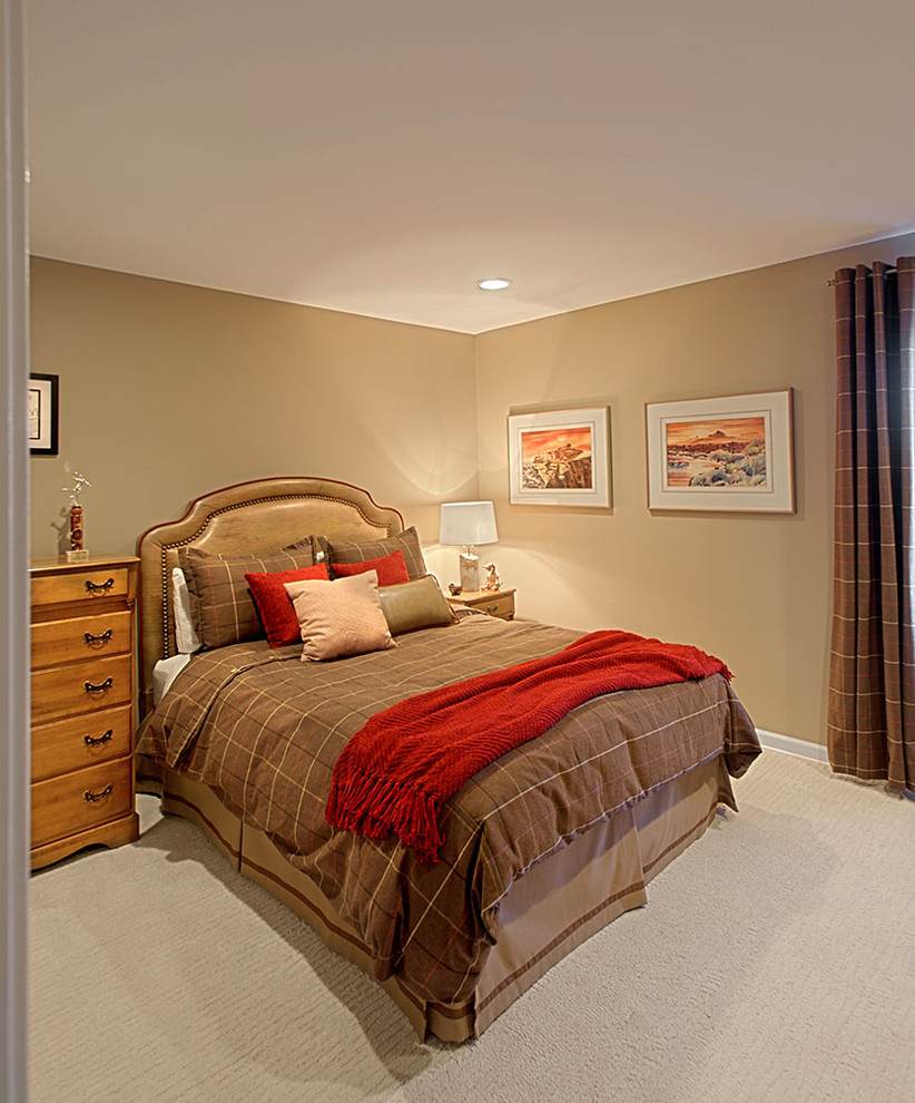 Design ideas for a small eclectic guest bedroom in Chicago with beige walls, carpet and no fireplace.