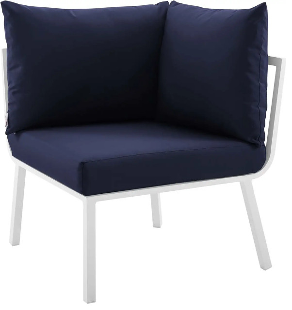Outdoor Lounge Chair, Corner Design With White Aluminum Frame & Navy Cushions Contemporary