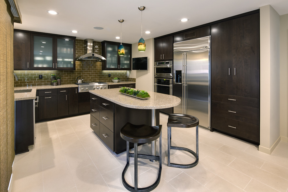 Large transitional u-shaped ceramic tile and white floor eat-in kitchen photo in Orange County with an undermount sink, flat-panel cabinets, dark wood cabinets, granite countertops, brown backsplash, subway tile backsplash, stainless steel appliances, beige walls and an island
