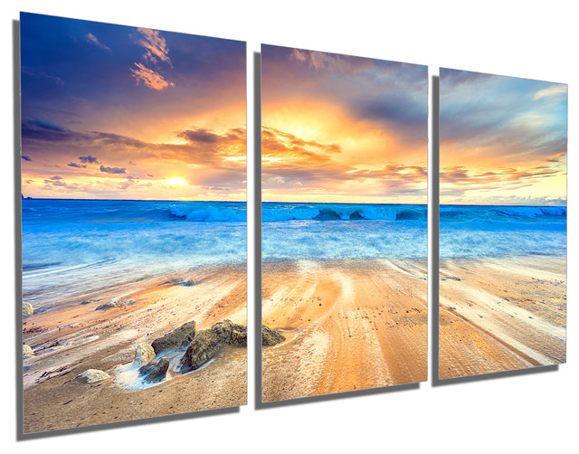 Beach Sunset, Metal Print Wall Art, 3 Panel Split, Triptych