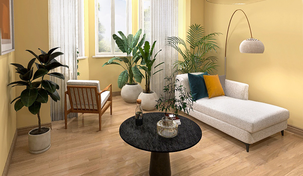Идея дизайна: маленькая изолированная гостиная комната в стиле фьюжн с с книжными шкафами и полками, желтыми стенами, светлым паркетным полом, коричневым полом, потолком с обоями и обоями на стенах без камина для на участке и в саду
