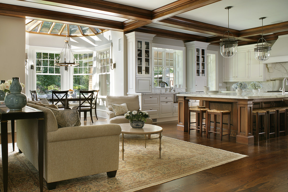 Design ideas for a large traditional living room in New York with dark hardwood floors.
