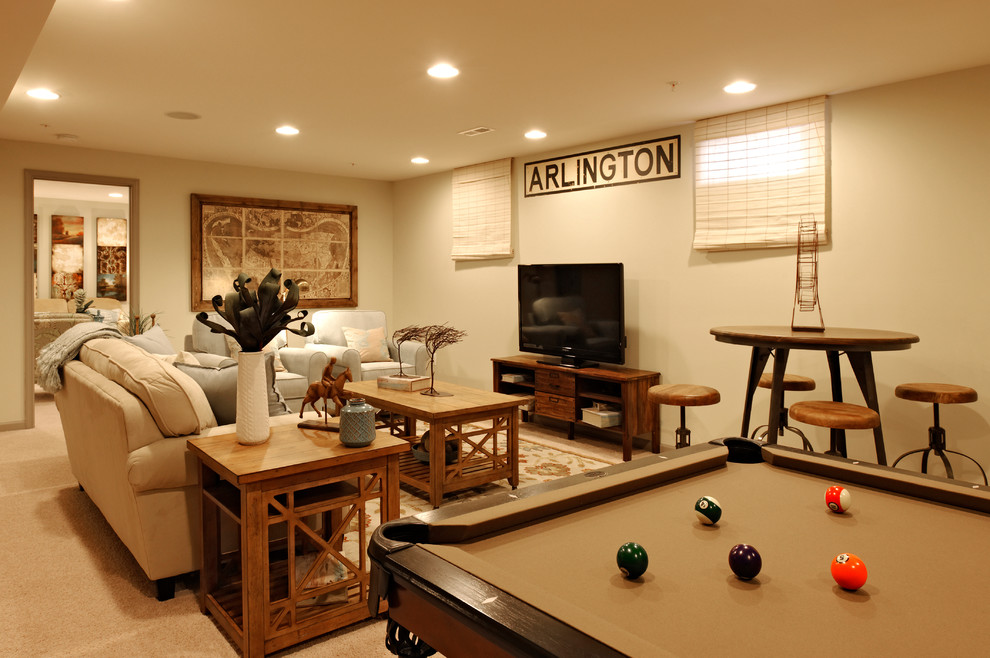 Traditional look-out basement in Atlanta with beige walls, carpet, no fireplace and beige floor.