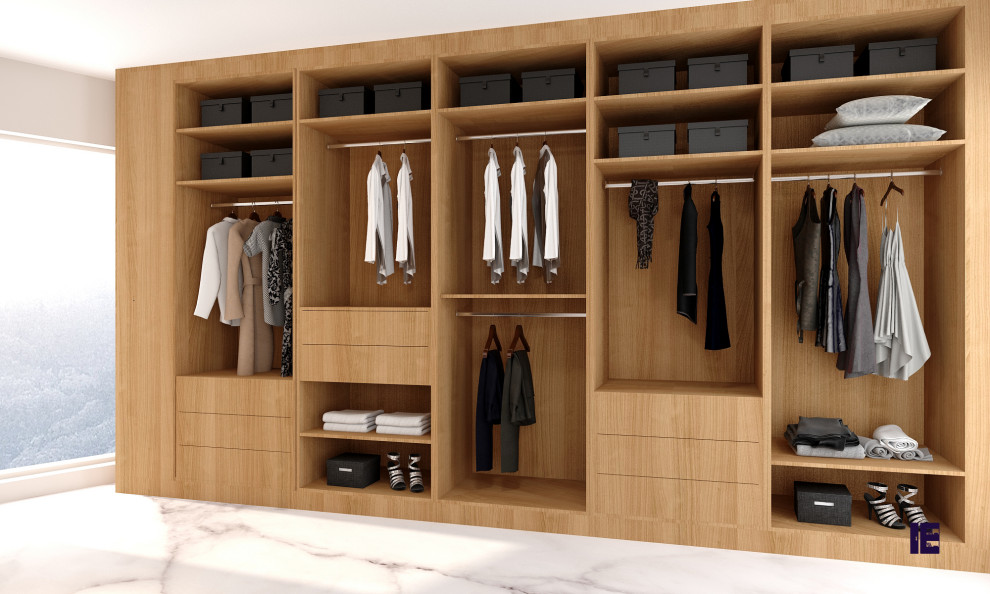 Large contemporary storage and wardrobe in London with open cabinets, medium wood cabinets, marble floors and white floor.