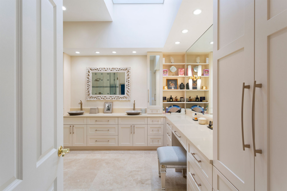 Large transitional master beige tile and mosaic tile porcelain tile and beige floor bathroom photo in Miami with shaker cabinets, beige cabinets, beige walls, a vessel sink, solid surface countertops and beige countertops