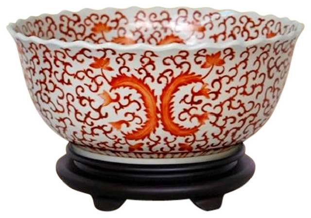 Chinese Orange and White Floral Porcelain Bowl With Base 14"