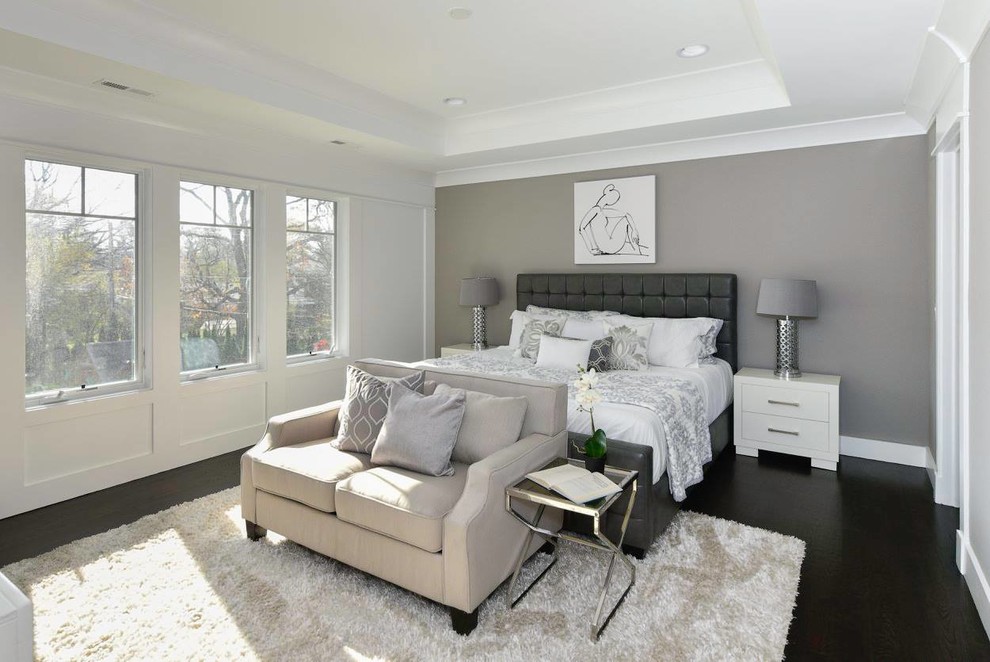 Design ideas for a mid-sized contemporary master bedroom in San Diego with grey walls, dark hardwood floors and no fireplace.