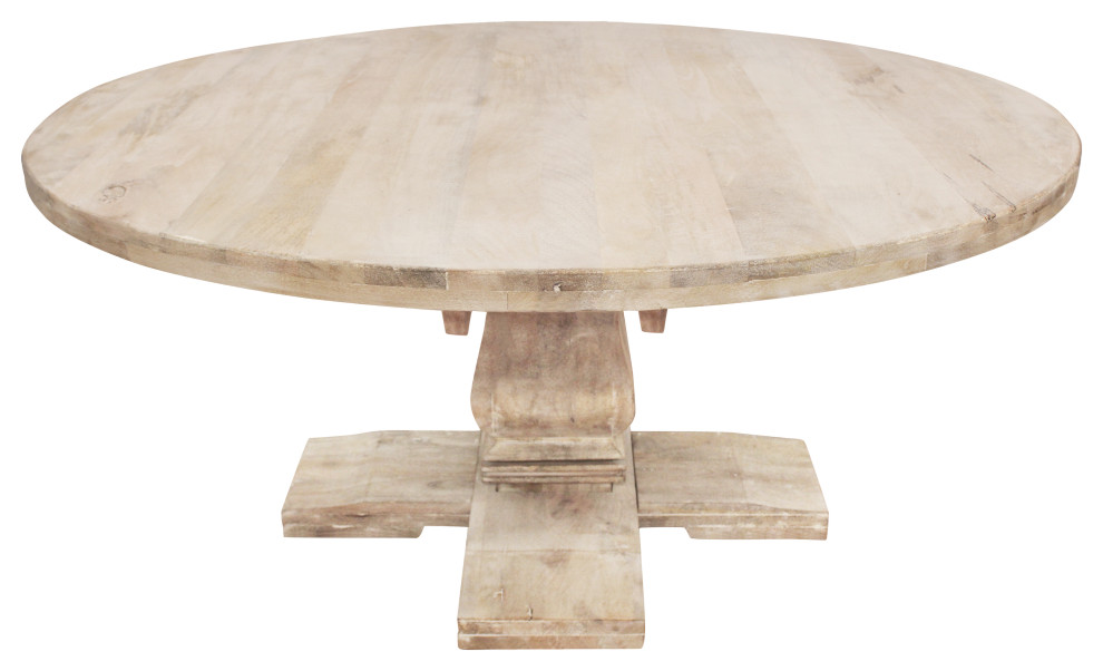 Benedict 70" Round Dining Table, Solid Mango Wood With White Wash