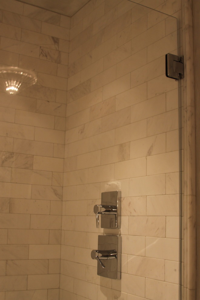 Freestanding bathtub - mid-sized transitional master multicolored tile and stone tile marble floor freestanding bathtub idea in Atlanta with a vessel sink, beaded inset cabinets, beige cabinets, marble countertops, a one-piece toilet and gray walls