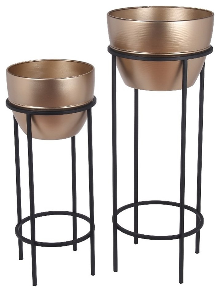 Set Of 2 Black And Gold Finished Metal Planters Indoor Pots And