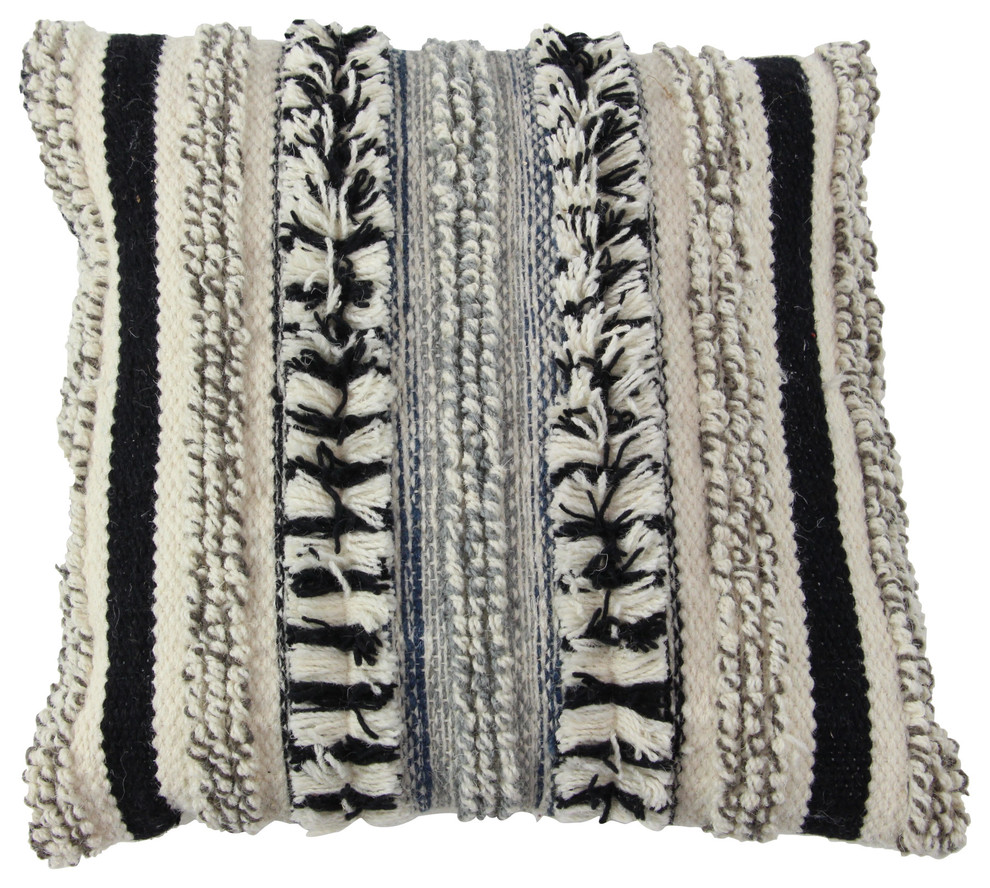 White Square Throw Pillow With Black Stripes and Fringe, 20x20