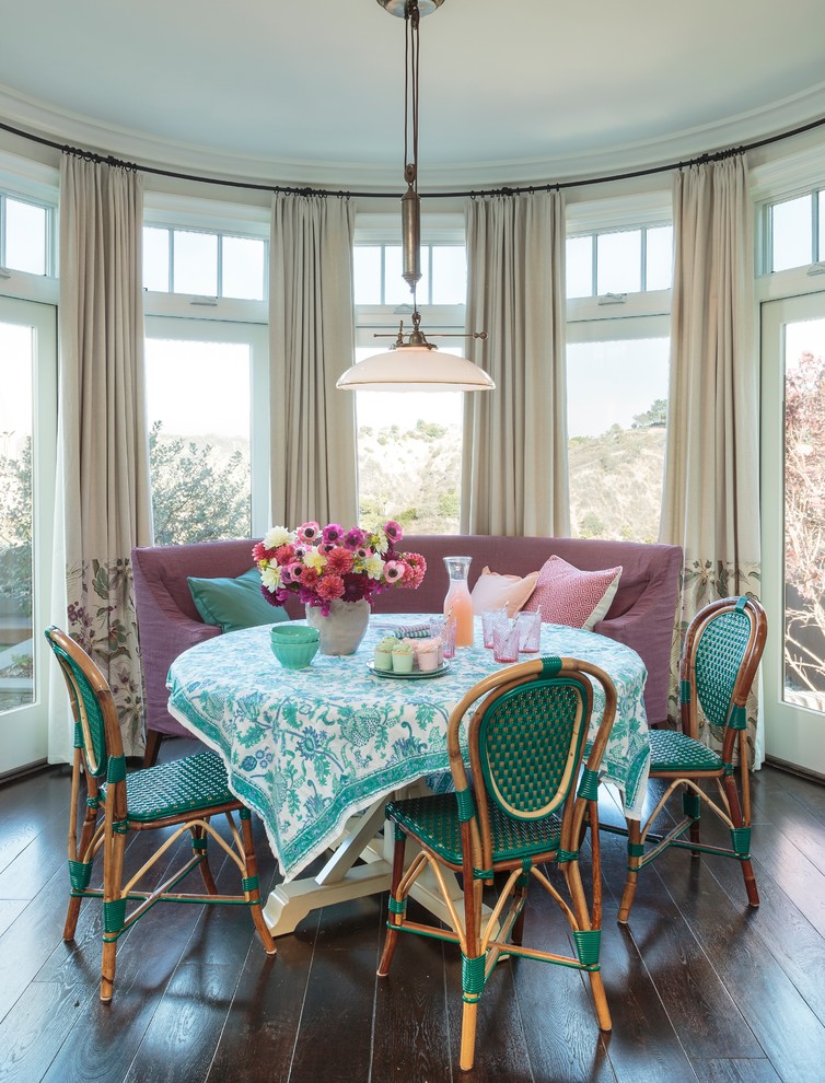 Large beach style dark wood floor great room photo in Los Angeles with recessed-panel cabinets and beige walls