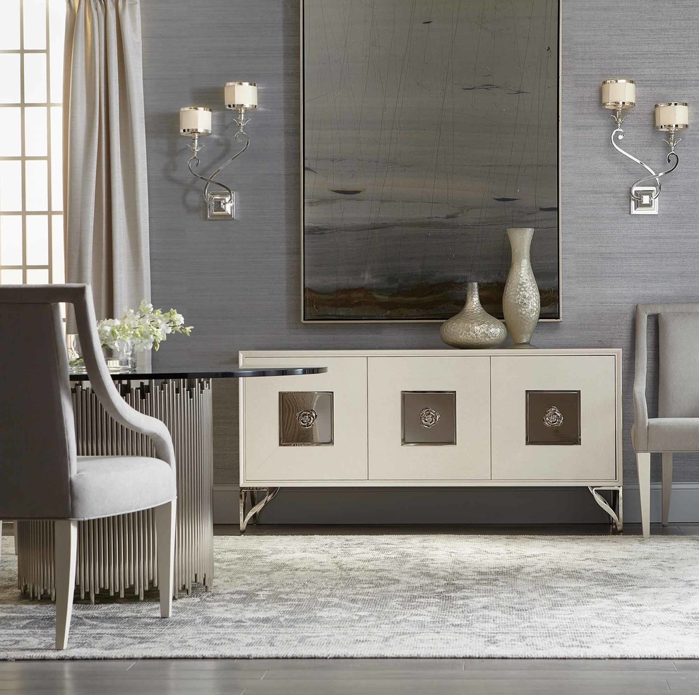 Enclosed dining room - mid-sized transitional medium tone wood floor and gray floor enclosed dining room idea in Miami with gray walls and no fireplace