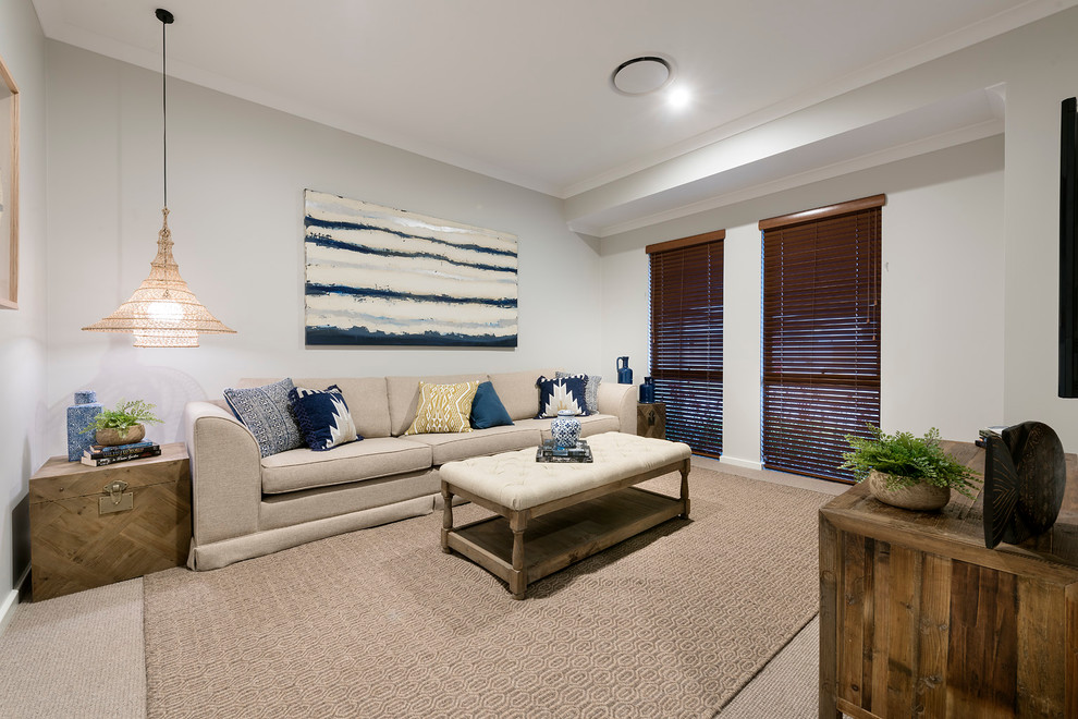 This is an example of a contemporary home theatre in Perth with carpet and a wall-mounted tv.