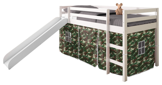 Horner Kids Twin Loft Bed With Slide And Tent White And Camo Camo Contemporary Kids Beds By Donco Trading Co