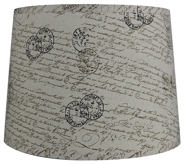 French Drum Lamp Shade Natural Linen With Brown Script 12x14x10