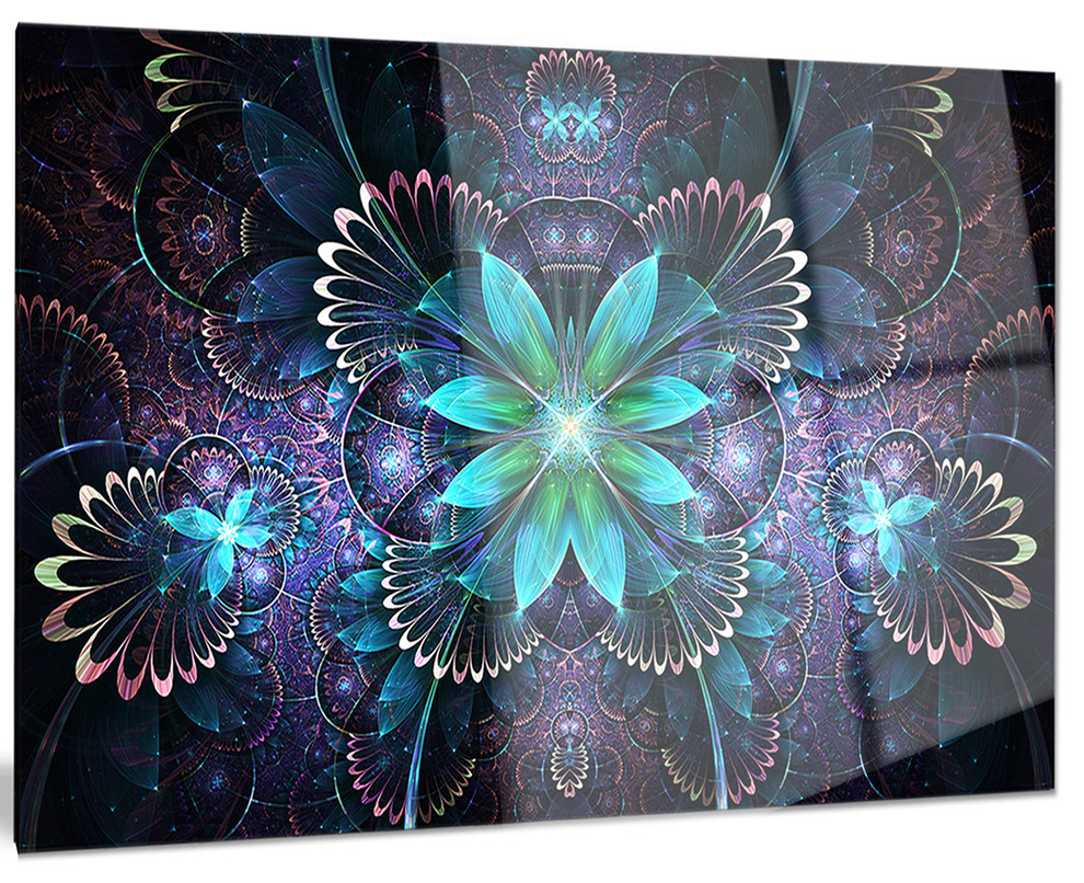 "Fractal Flower Blue Digital Art" Glossy Metal Wall Art, 28"x12