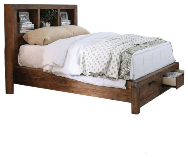 Wooden King Bed With Bookcase Headbard, Weathered Light Oak Transitional Platform Beds by