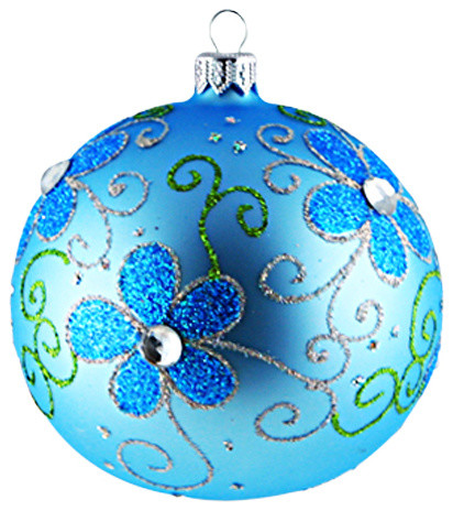 Powder Blue Ball Ornament With Blue Daisies, Small - Contemporary ...