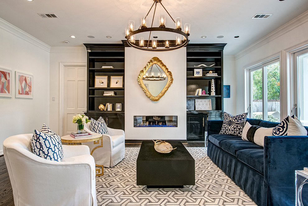 Example of a transitional formal and enclosed dark wood floor living room design in Houston with white walls, a ribbon fireplace and no tv
