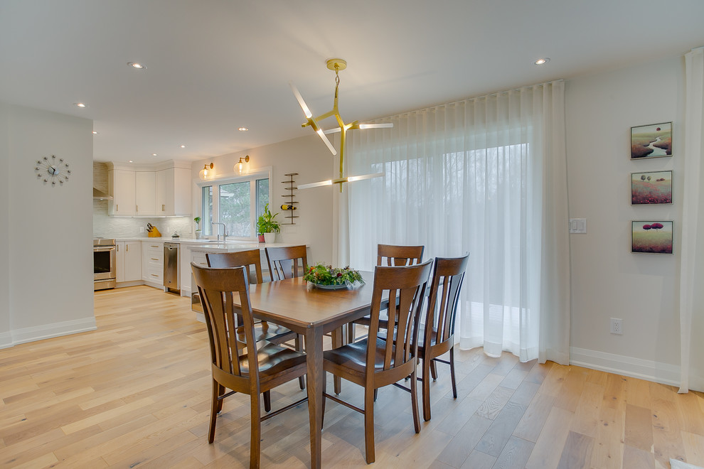 This is an example of an expansive transitional kitchen/dining combo in Toronto with white walls and plywood floors.