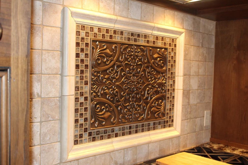 Large transitional eat-in kitchen photo with granite countertops, brown backsplash and mosaic tile backsplash