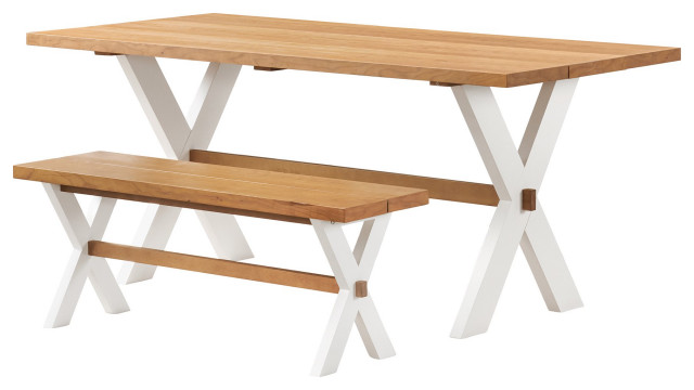 2 Pieces Dining Set, Large Table & Bench With X-Trestle Base, White/Warm Cherry - Transitional ...