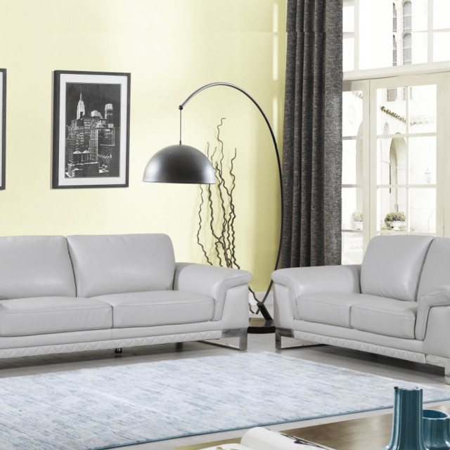 Set of Modern Light Gray Leather Sofa And Loveseat Contemporary