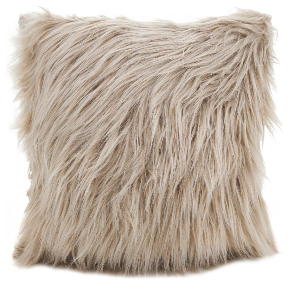 Faux Fur Long Hair Throw Pillow, Natural, 18", Poly Filled