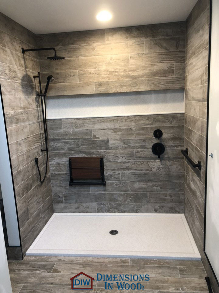Design ideas for a medium sized contemporary ensuite bathroom in Other with flat-panel cabinets, white cabinets, a walk-in shower, a two-piece toilet, white tiles, wood-effect tiles, white walls, ceramic flooring, a submerged sink, onyx worktops, an open shower, white worktops, a shower bench, double sinks and a built in vanity unit.