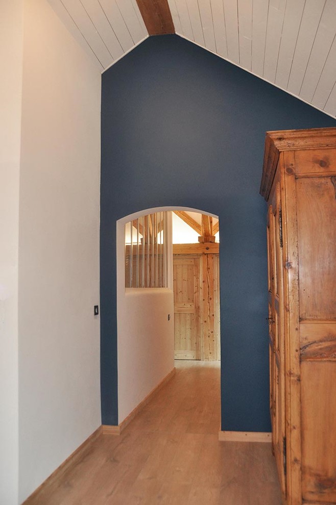 Inspiration for a contemporary entryway in Lyon with blue walls and light hardwood floors.