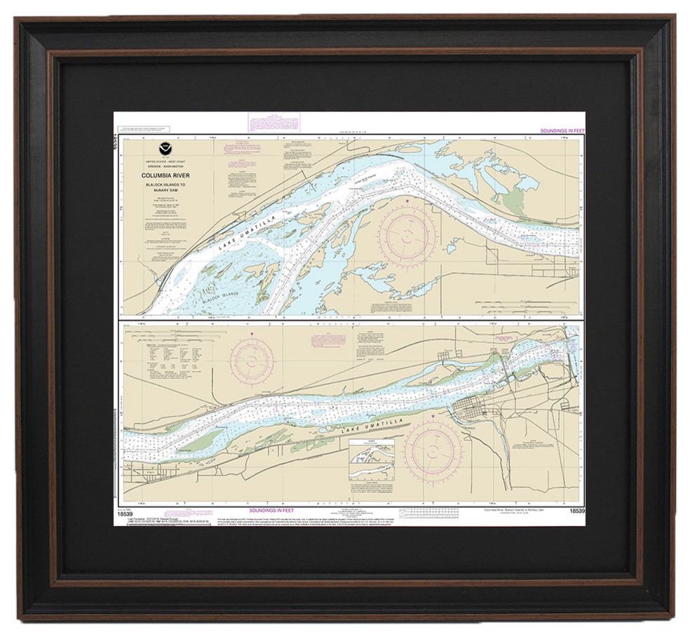 Framed Nautical Chart Columbia River Blalock Islands To McNary Dam X Beach Style