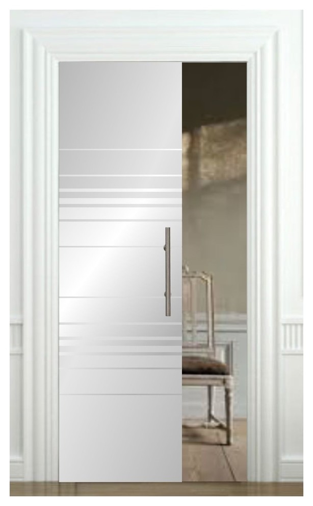 Frameless Glass Pocket Sliding Door and Frosted Stripes Lines
