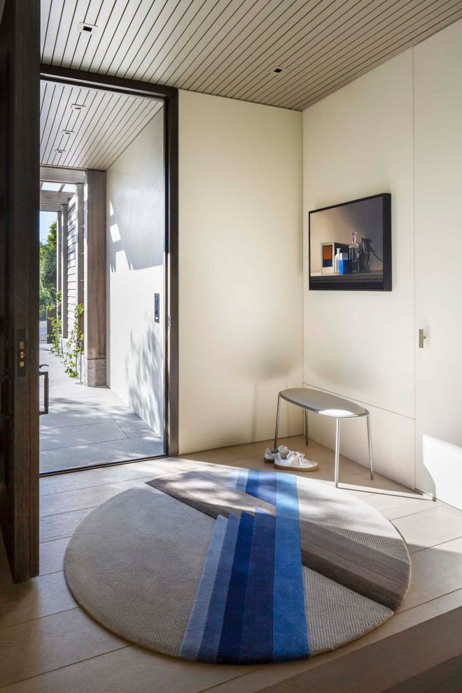 Ispirazione per una porta d'ingresso moderna con pareti beige, parquet chiaro e pavimento beige