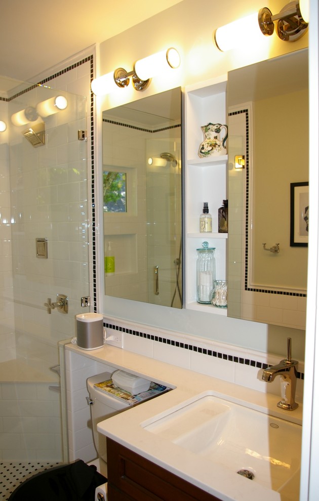 Small arts and crafts 3/4 bathroom in Atlanta with flat-panel cabinets, medium wood cabinets, a double shower, a two-piece toilet, white tile, ceramic tile, green walls, ceramic floors, an undermount sink and engineered quartz benchtops.