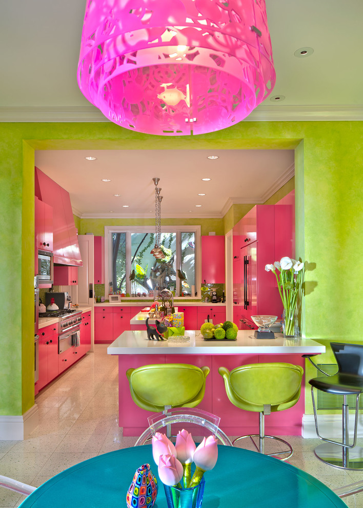 Mid-sized eclectic u-shaped separate kitchen in Los Angeles with an undermount sink, flat-panel cabinets, purple cabinets, quartz benchtops, green splashback, mosaic tile splashback, panelled appliances, ceramic floors, with island and beige floor.